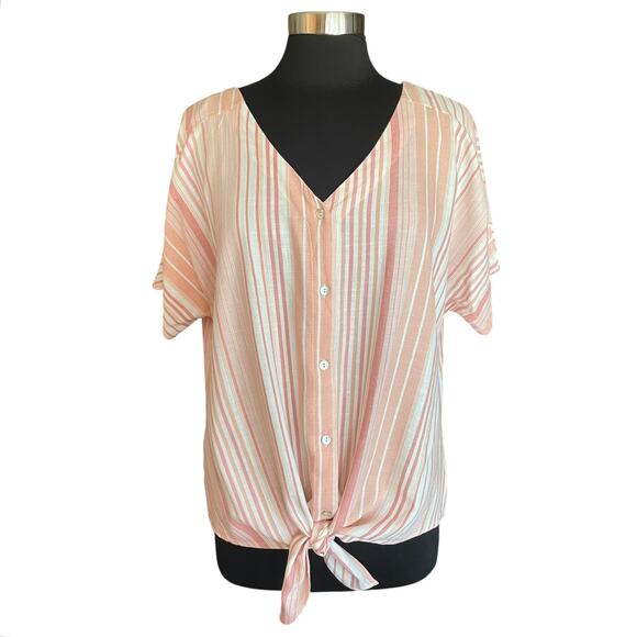 Como Vintage Linen Blend Button Down Tie Front Top Stripes XXL Casual Summer - Picture 1 of 8